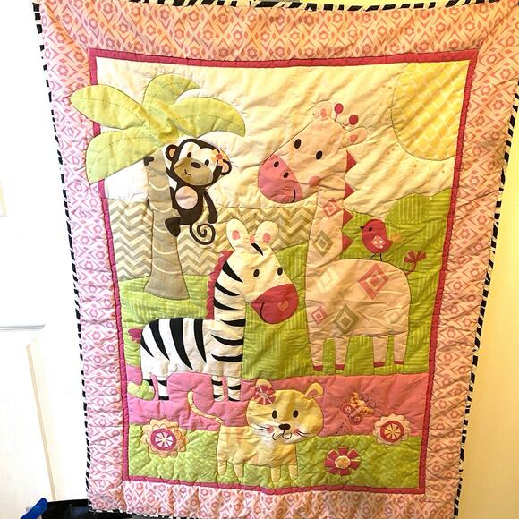Y2K Garanimals Baby Blanket Quilt 31.5X41” Animal Giraffe Monkey Butterfly Cat - Picture 1 of 9